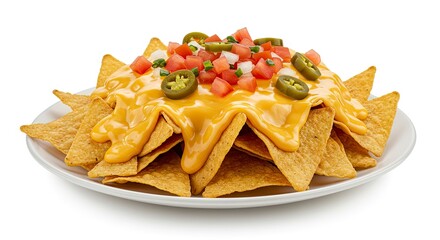 Nachos on a white plate topped with melted cheese diced tomatoes onions jalapeños and scallions