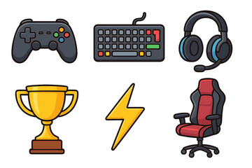 Gaming icon set with controller, keyboard, headset, trophy, lightning, chair. Vector cartoon illustration of gamer elements for esports. Video game gear symbols collection.