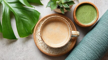 Longevity coffee lifestyle type. Ceramic cup and bowl with green tea, tropical leaves, and gray textile on stone.