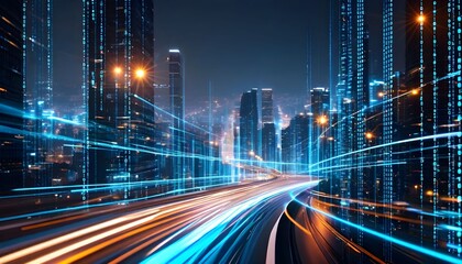 Futuristic cityscape at night with glowing light trails representing high-speed data and urban connectivity.