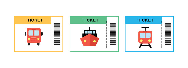 Transportation Tickets Bus, Ship, and Train. Set of Public transportation ticket. Cruise tickets. Train tickets. Ship tickets. Collection of colorful ticket.