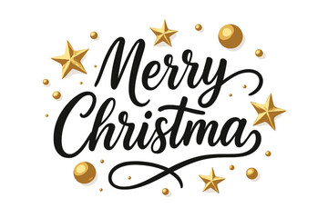 Merry Christmas handwritten calligraphy lettering on white background. Elegant holiday greeting card design. Vector illustration with luxury 3D golden stars and balls.