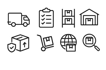 Logistics and shipping line icon set. Vector symbols for delivery, transport, and warehouse storage. Minimalist icons for cargo, freight, package tracking, and inventory management.