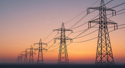 High voltage power lines stretch across a vibrant sunset sky.