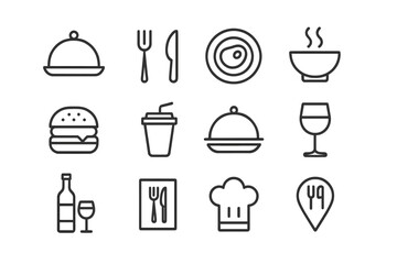 Minimalist restaurant menu icons black line style for food dining themes, vector cartoon illustration set with transparent background, utensils, chef hat, dishes, drinks, fast food symbols