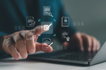 Finger tapping on digital document verification interface,approval process and secure task confirmation visualization concept