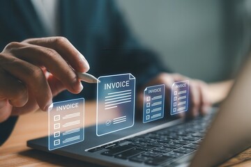 Digital invoice management on laptop screen,streamlined billing workflow concept with virtual document interface