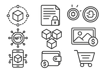 NFT essentials line icons for blockchain technology and digital assets, vector set of cryptocurrency symbols, digital wallet, secure data, smart contracts, online payments, and cryptocurrency shopping