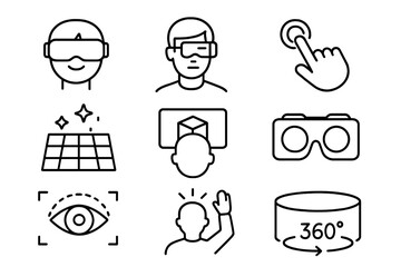 Virtual reality and augmented reality linear icon set, VR headset, AR glasses, 3D visualization, interactive touch, eye tracking, 360-degree view, futuristic technology vector illustration