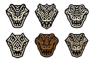 Stylized geometric serpent head illustration, tribal cobra vector icon set in six unique styles, detailed snake tattoo designs, transparent background, reptile art