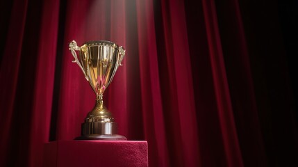 A gleaming gold trophy sits on a velvet stand, radiating achievement and prestige.