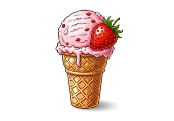 Illustration of an Ice Cream Cone with Strawberry on a White Background