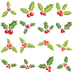 Seamless Christmas holly leaves and red berries pattern on white background for festive decoration, wrapping and holiday design