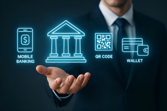 Man presents mobile banking, QR code, and wallet icons for digital payments