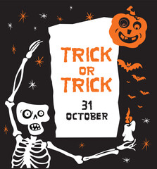 Halloween party poster, flyer with scull and pumpkin. All saints day holiday. Masquerade creepy invitation, template. Helloween advertising design layout.