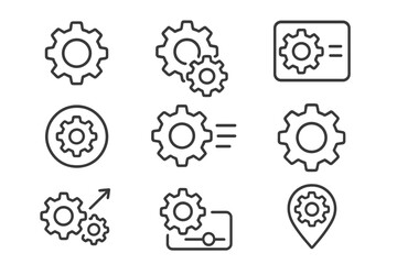 Gear and cog line icon set for settings and configuration. Vector symbols for web UI, app development, and mechanism concepts. Editable stroke for custom design.