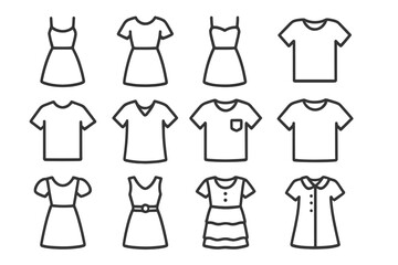 Dresses and T-shirts line icon set. Fashion outline symbols. Vector clothing collection. Women and men summer casual wear. Apparel, garment editable stroke icons. Boutique.