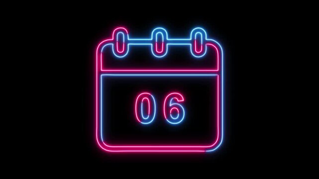 Luminous neon calendar icon displaying the date of the sixth day, glowing with vibrant pink and blue light on an isolated black background