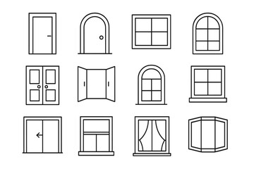 Doors and windows line icon set. House exterior and interior elements. Architecture symbols for building facade. Home entrance and casement thin line pictogram collection.