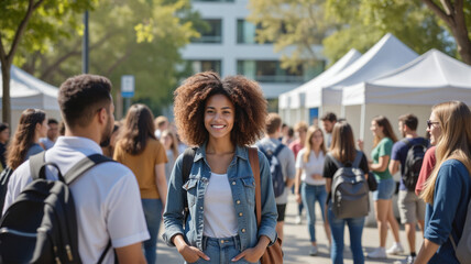 University Open Day Experience – Diverse Students Exploring Campus Information Fair with White Tents for College Recruitment, Spring Enrollment, and Educational Orientation Events