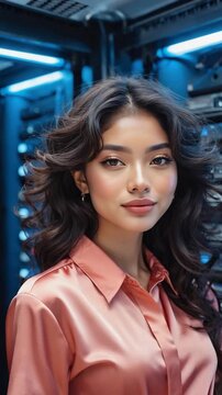 A young woman stands confidently in a server room, showcasing her professional and tech-savvy nature. Her presence exudes confidence and intelligence
