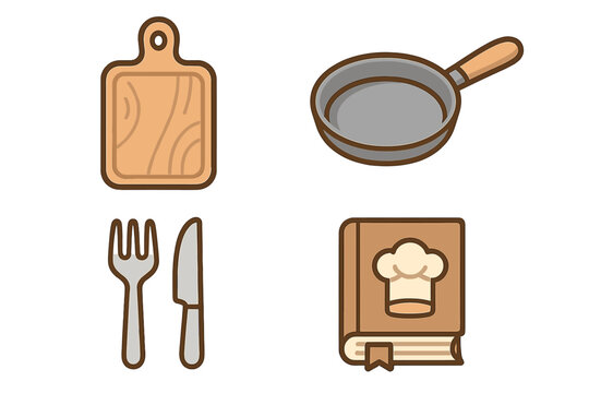 Kitchen and cooking icon bundle. Includes cutting board, frying pan, cutlery, and cookbook symbols. Vector graphic elements for food blogs, restaurant menus, apps, and web.