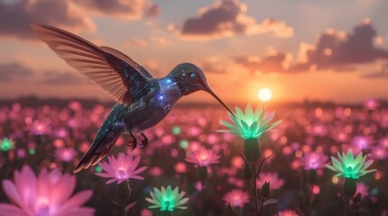 Obraz premium Hummingbird seeks nectar from glowing flower at vibrant sunset field landscape