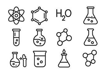 Simple linear chemistry illustration with atom, molecular structures, water formula, chemical flasks, test tubes, beakers, lab equipment icons, science education vector cartoon design for web and apps