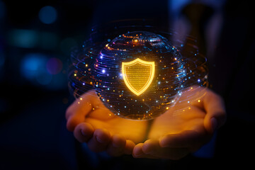 Person holding glowing orb with shield symbol.