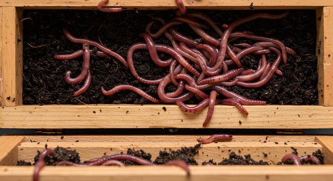 Redworms in wooden box