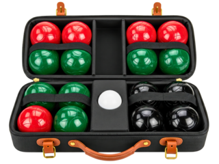 Colorful bocce ball game set in a black carrying case on a transparent background