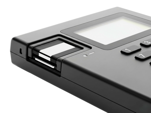 Biometric fingerprint scanner on an electronic security device on a transparent background
