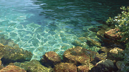 Fototapeta premium Color and calm radiate from beneath the water’s surface, drawing the viewer inward 