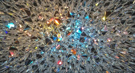 Abstract close-up of a kaleidoscope with many reflective, colorful, and geometric shapes.