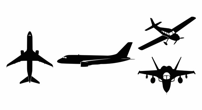 Silhouettes of various aircraft including commercial and military planes, showcasing design variations for aviation enthusiasts and design projects, vector