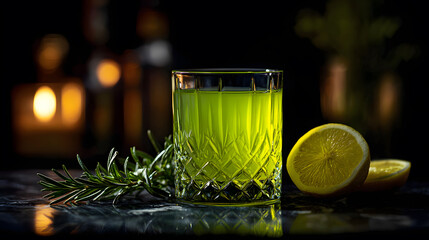 Chartreuse liqueur in an elegant glass with lemon and herbs