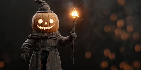 whimsical pumpkin figure with glowing eyes and a torch, dressed in a dark robe, creates an enchanting Halloween atmosphere.