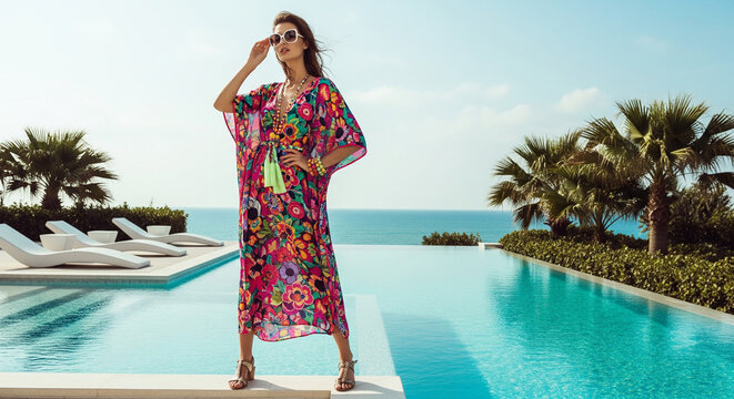 Stunning woman in vibrant floral kaftan poses by luxury infinity pool overlooking ocean