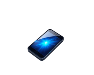 A modern smartphone with a glowing blue light emanating from its screen, isolated on a transparent background.