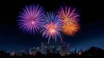 Colorful bursts of fireworks explode across the night sky, illuminating the towering skyscrapers and lively cityscape below in a dazzling display of light and energy.