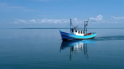 Fototapeta premium A lone fishing boat peacefully floating on the serene, azure waters of the open ocean against a backdrop of a clear, cloudless sky.