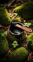 A dark, viscous substance in a rustic earthenware bowl rests amidst moss and stones in a tranquil woodland setting.