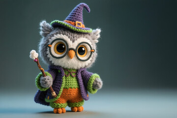 Cute owl crochet doll wearing colorful witch costume.