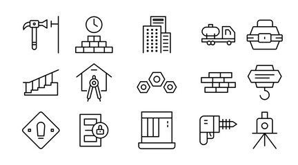 Building and infrastructure linear icon set. Construction, architecture, cranes, tools, workers, safety, machinery, engineering, blueprints, vector thin line icon pack