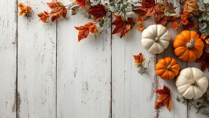 Minimalist Rustic White Wood Texture with Pumpkins and Autumn Leaves in Orange and Gold Hues