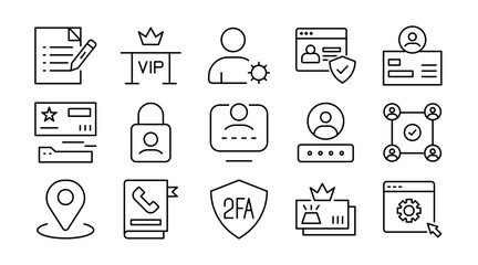 Identity and account linear icon set. User profile, login, registration, avatar, security, access, settings, personal data, interface, vector outline UI icons pack.