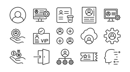 User account linear icon set. Profile, login, registration, settings, identity, security, avatar, access, personal data, user interface, vector outline icon set. UI thin line icon pack