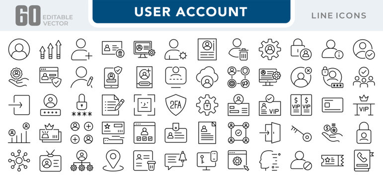 User account linear icon set. Profile, login, registration, settings, identity, security, avatar, access, personal data, user interface, vector outline icon set. Editable stroke.
