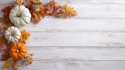 Minimalist Rustic White Wood Texture with Pumpkins and Autumn Leaves in Orange and Gold Hues