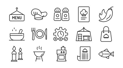 Restaurant linear icon set. Food, drinks, menu, dining, kitchen tools, pizza, salad, coffee, cocktails, catering, and vector outline icon pack. UI thin line icon pack